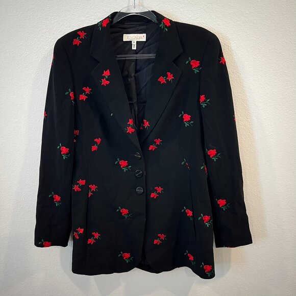Vintage Escada Red Rose Embroidered Black Blazer 36 HTF - Picture 1 of 4